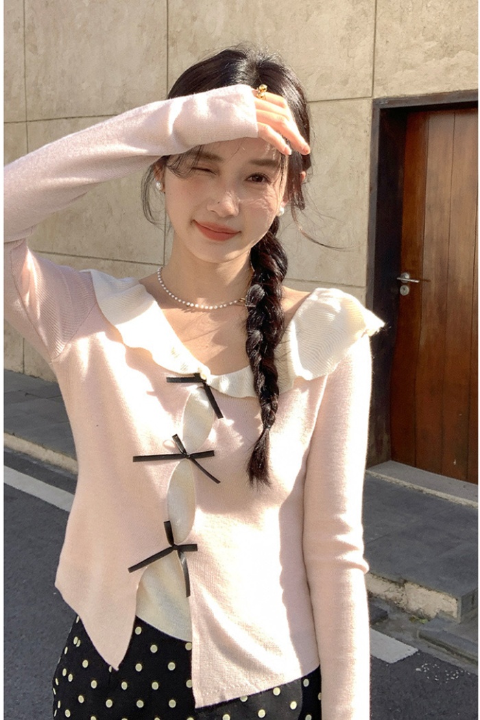 Bow doll collar tops Pseudo-two slim sweater for women