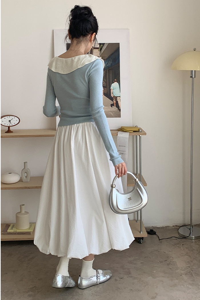 Bow doll collar tops Pseudo-two slim sweater for women