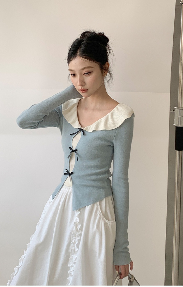 Bow doll collar tops Pseudo-two slim sweater for women