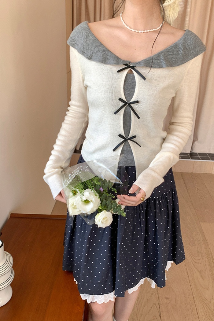 Bow doll collar tops Pseudo-two slim sweater for women
