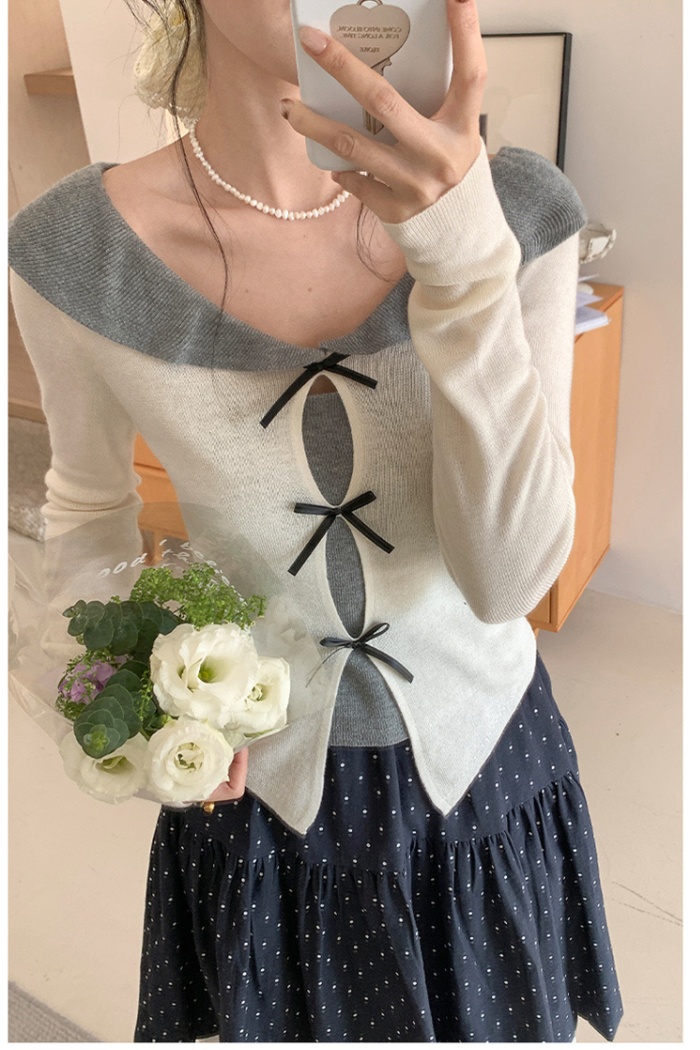 Bow doll collar tops Pseudo-two slim sweater for women