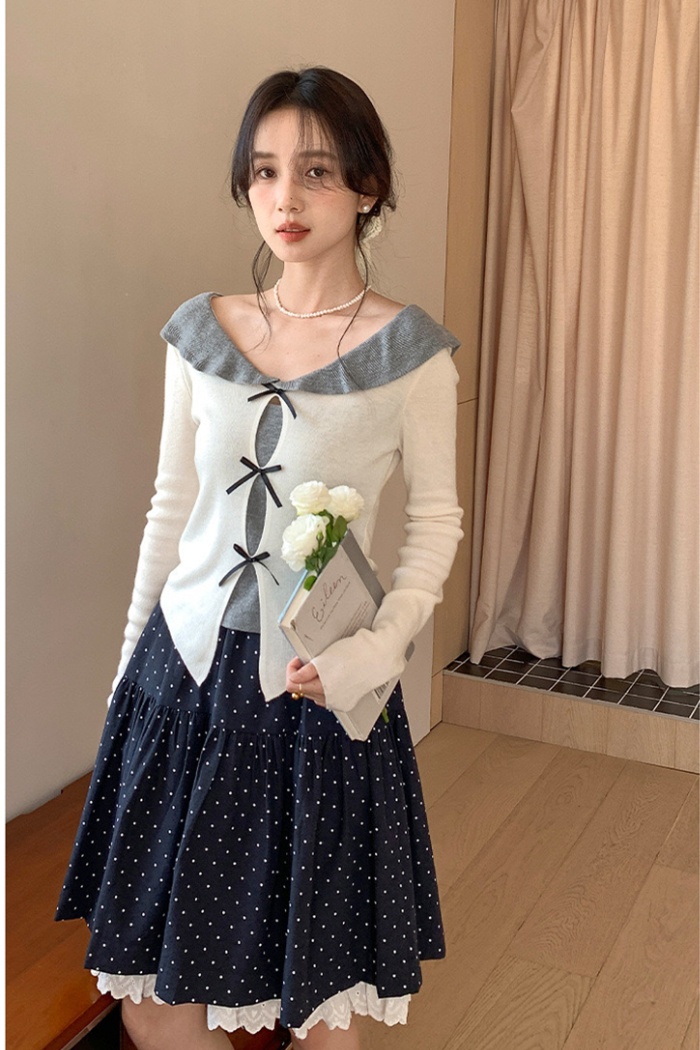 Bow doll collar tops Pseudo-two slim sweater for women