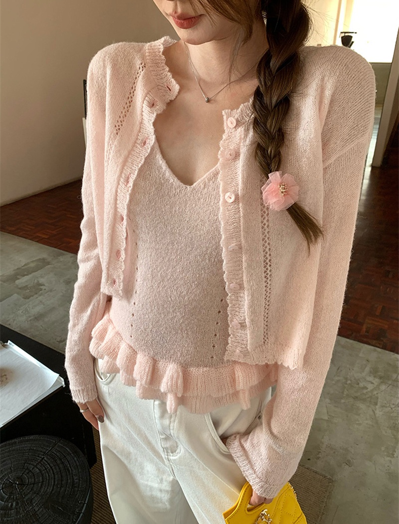 Lovely cardigan wood ear vest 2pcs set for women