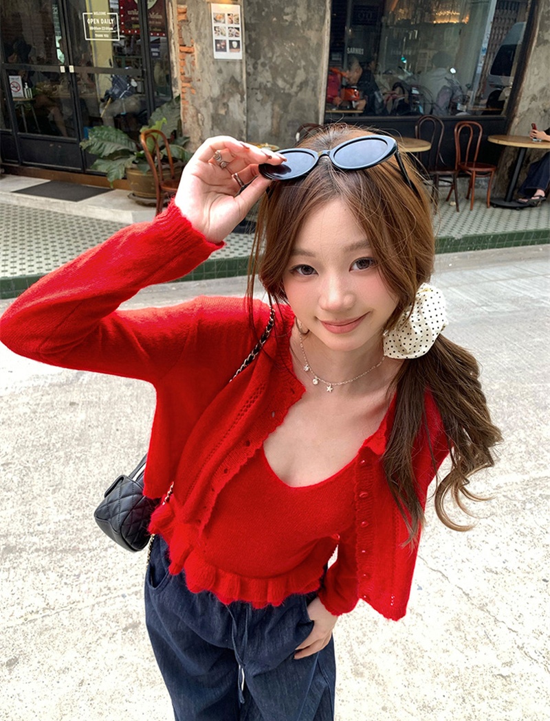 Lovely cardigan wood ear vest 2pcs set for women