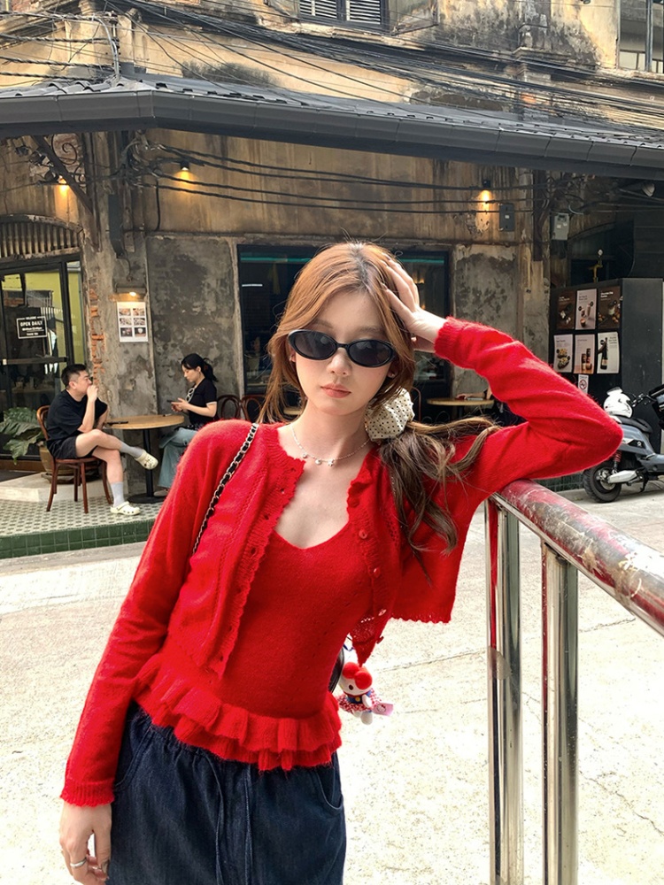 Lovely cardigan wood ear vest 2pcs set for women
