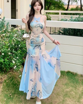 Mermaid seaside halter long dress gauze slim strap dress