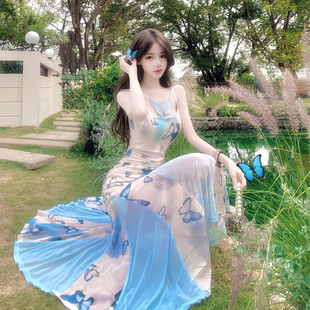 Mermaid seaside halter long dress gauze slim strap dress