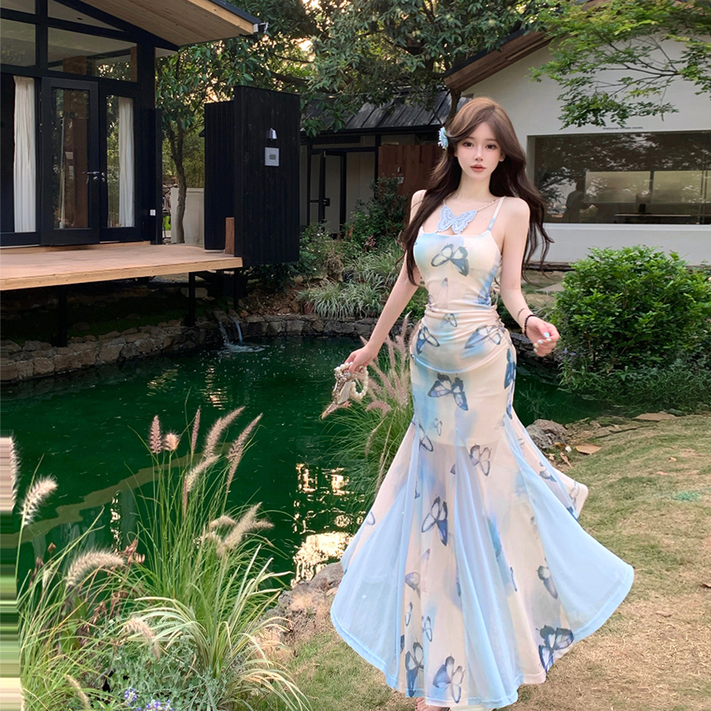 Mermaid seaside halter long dress gauze slim strap dress