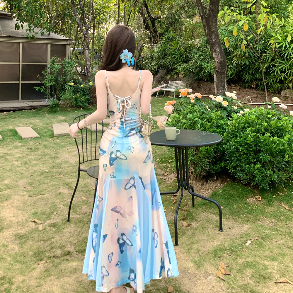 Mermaid seaside halter long dress gauze slim strap dress
