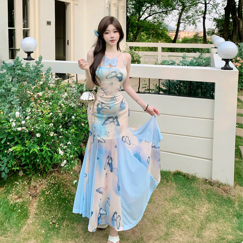 Mermaid seaside halter long dress gauze slim strap dress
