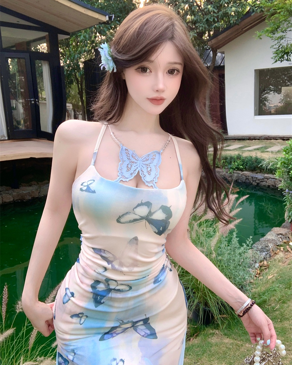 Mermaid seaside halter long dress gauze slim strap dress