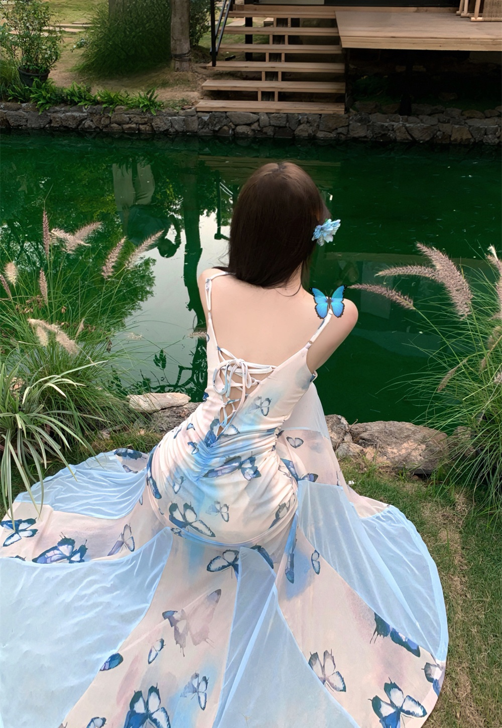Mermaid seaside halter long dress gauze slim strap dress