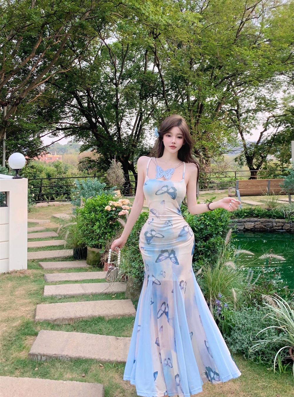 Mermaid seaside halter long dress gauze slim strap dress