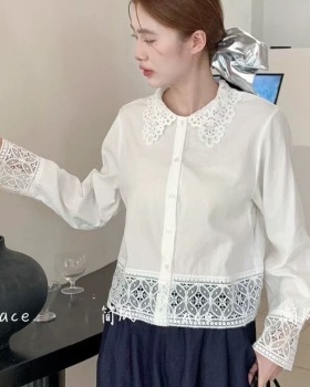 Splice lapel all-match loose lace unique autumn shirt for women