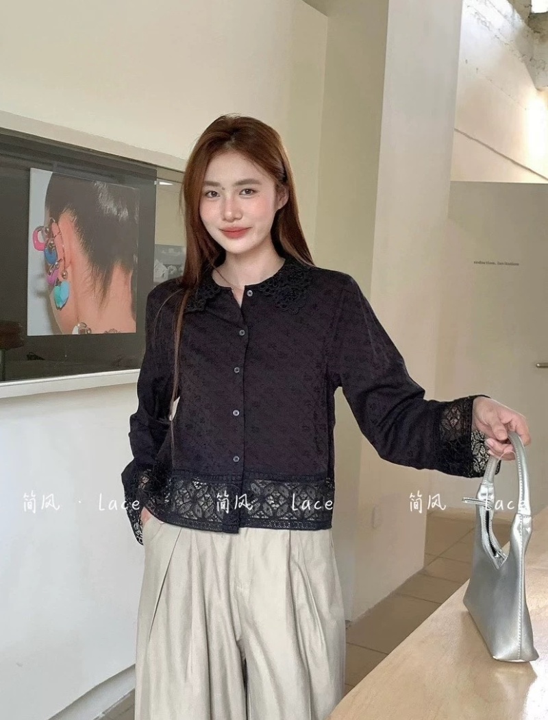 Splice lapel all-match loose lace unique autumn shirt for women