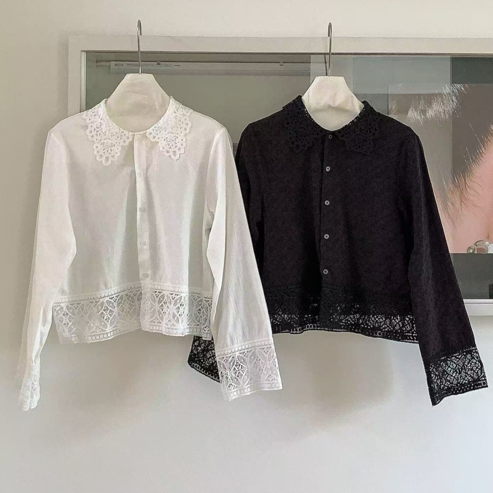 Splice lapel all-match loose lace unique autumn shirt for women