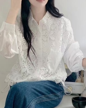 Splice lace tops drawstring shirt for women