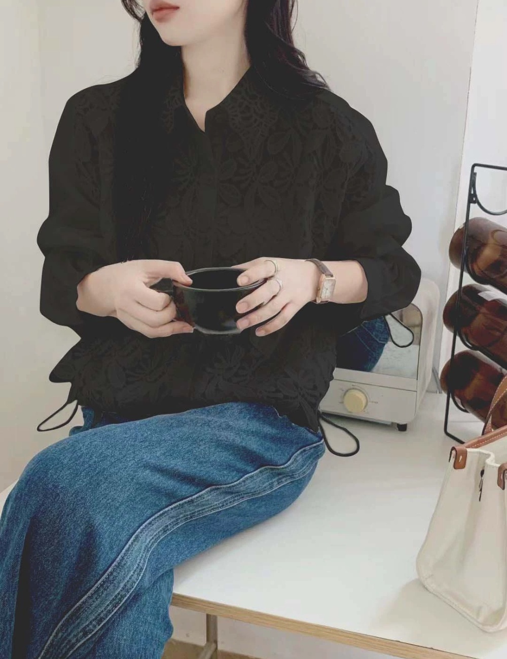 Splice lace tops drawstring shirt for women