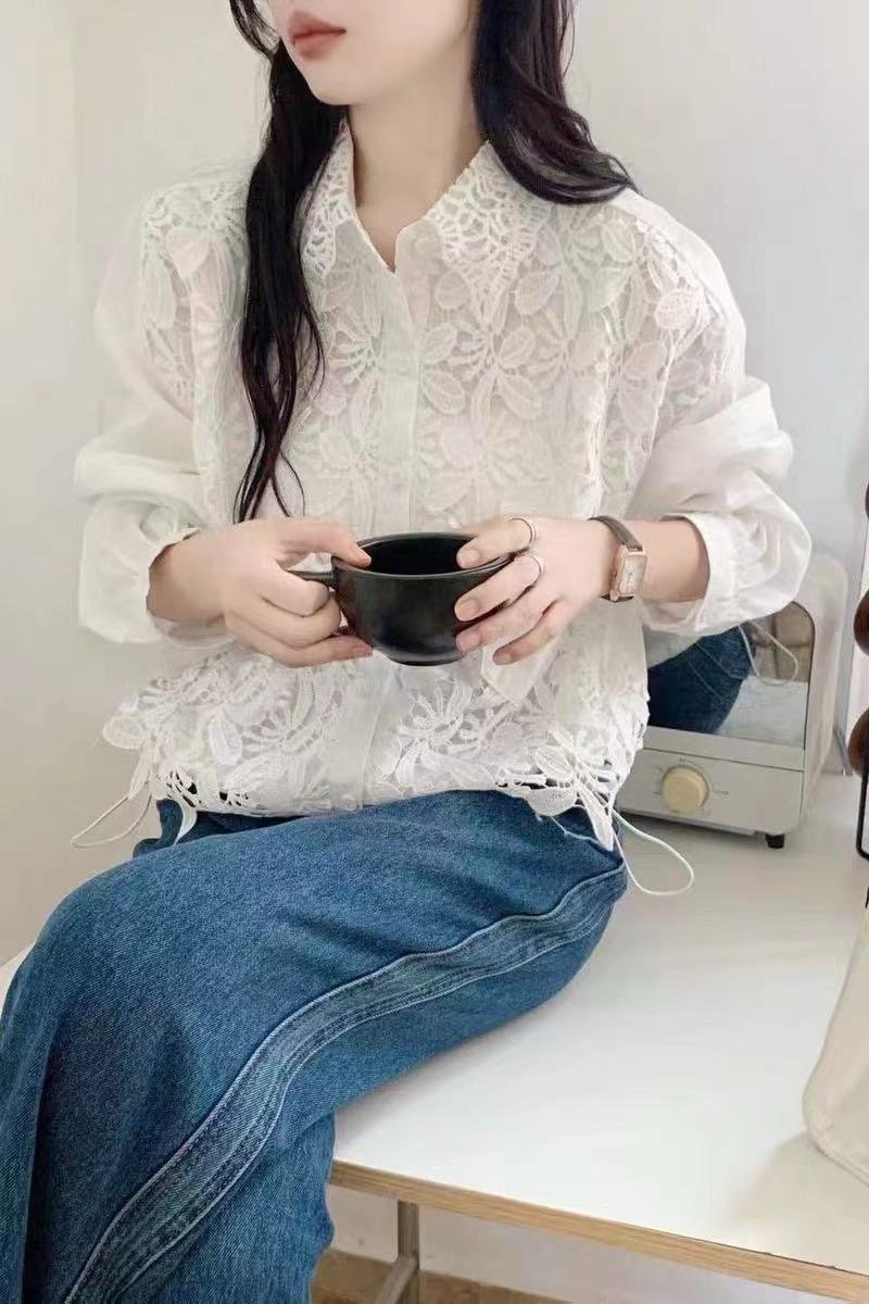Splice lace tops drawstring shirt for women