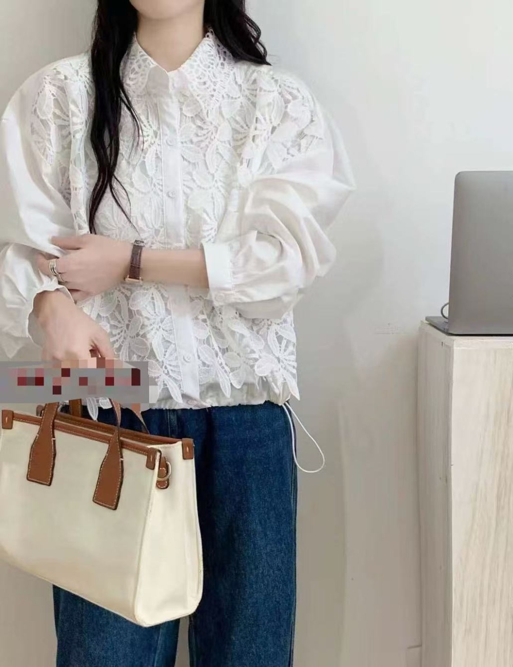 Splice lace tops drawstring shirt for women