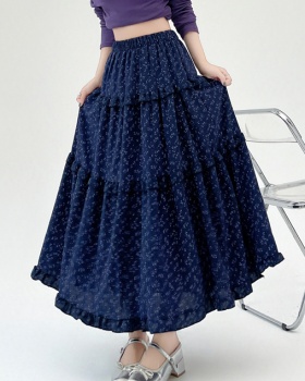 Navy-blue summer skirt floral long skirt for women