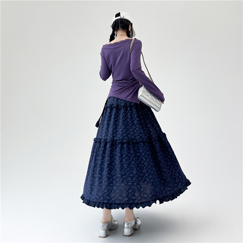 Navy-blue summer skirt floral long skirt for women