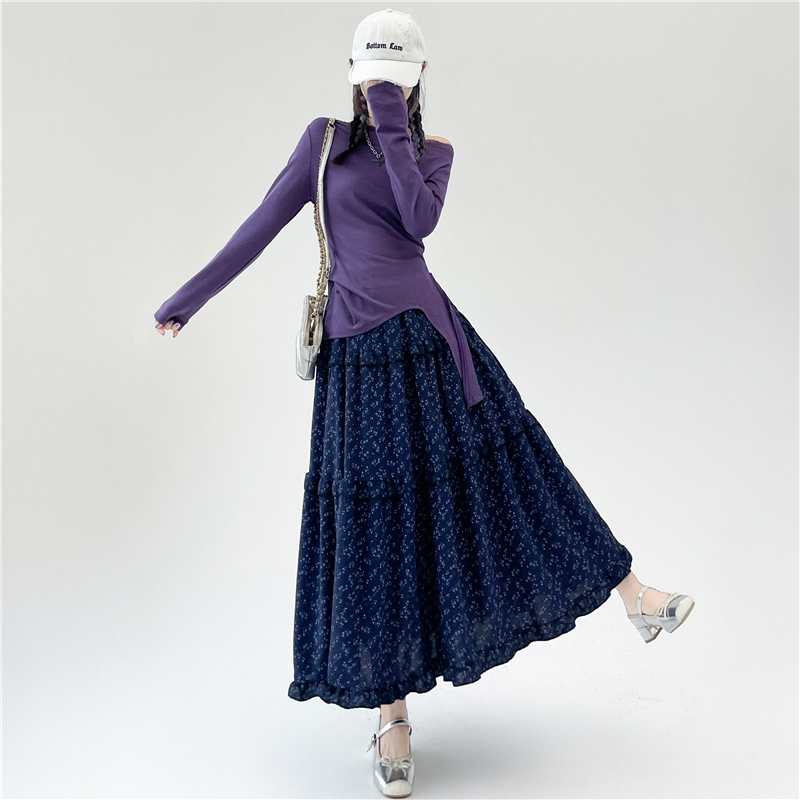 Navy-blue summer skirt floral long skirt for women