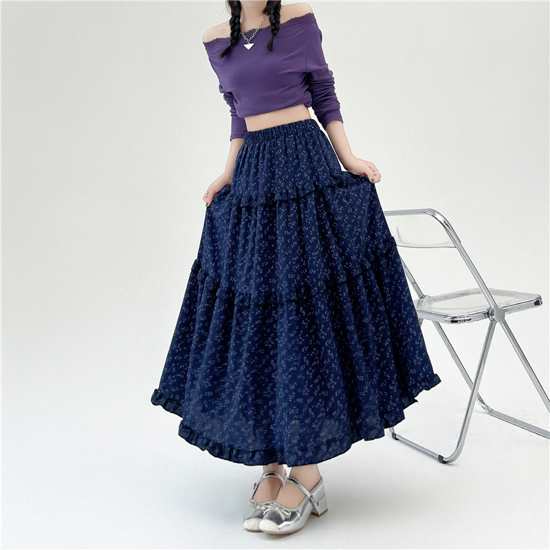 Navy-blue summer skirt floral long skirt for women