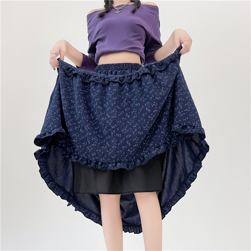 Navy-blue summer skirt floral long skirt for women