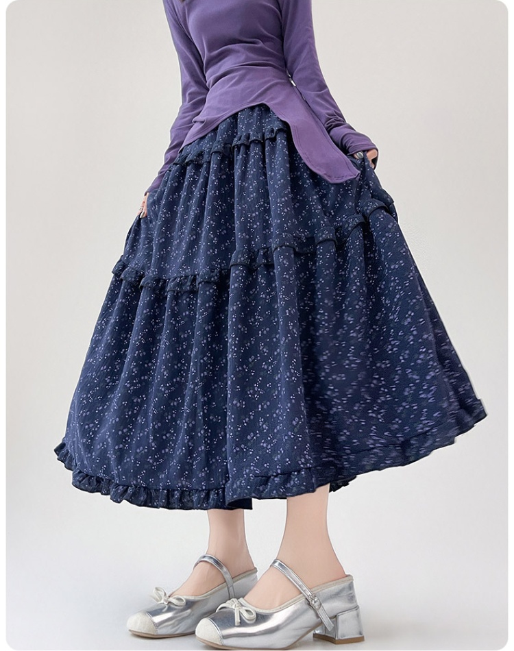 Navy-blue summer skirt floral long skirt for women