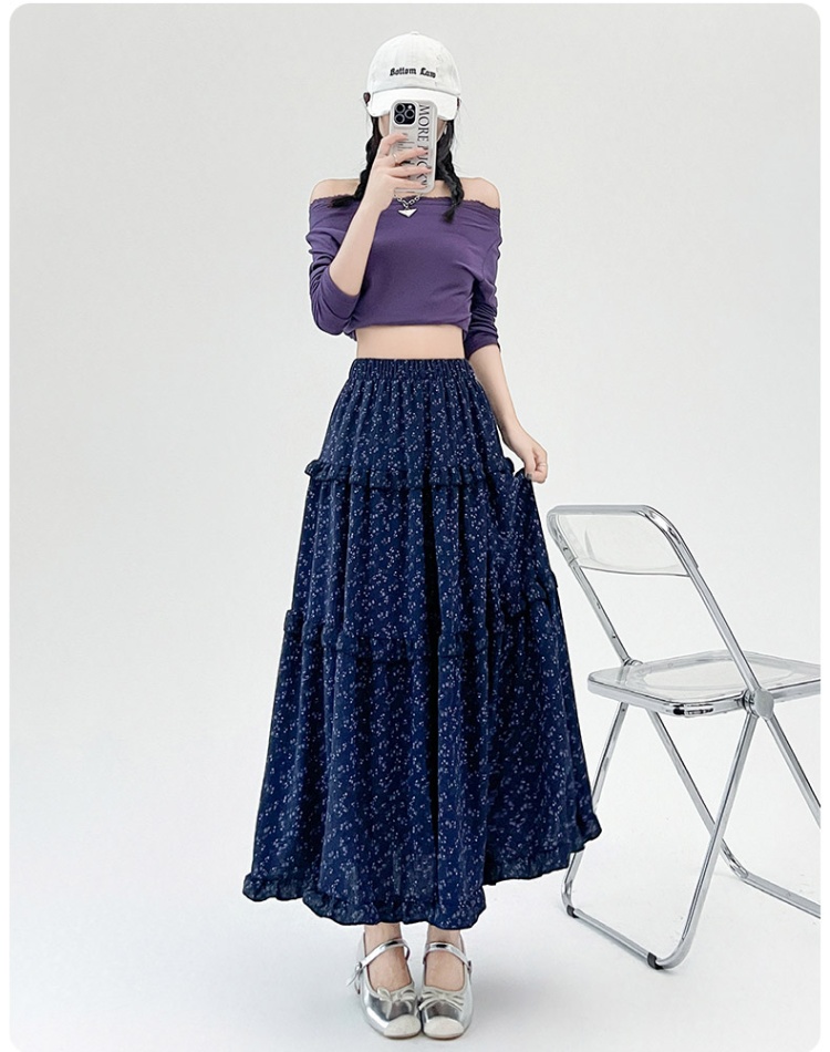 Navy-blue summer skirt floral long skirt for women