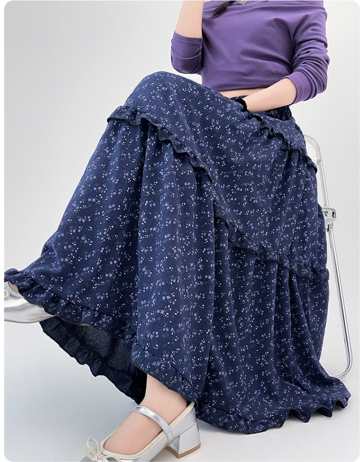 Navy-blue summer skirt floral long skirt for women