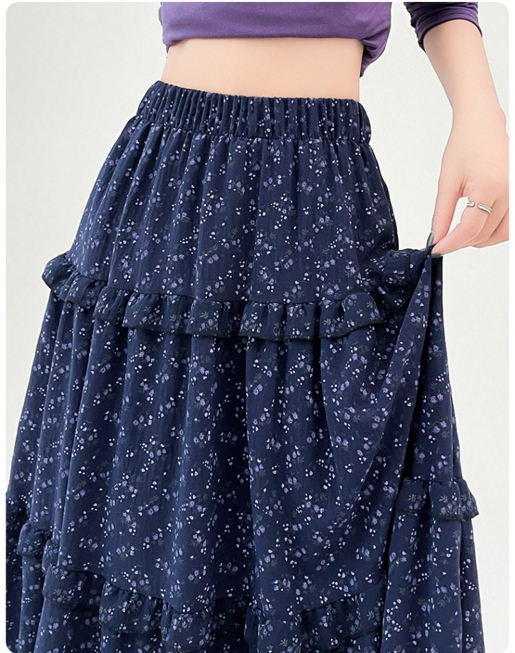 Navy-blue summer skirt floral long skirt for women
