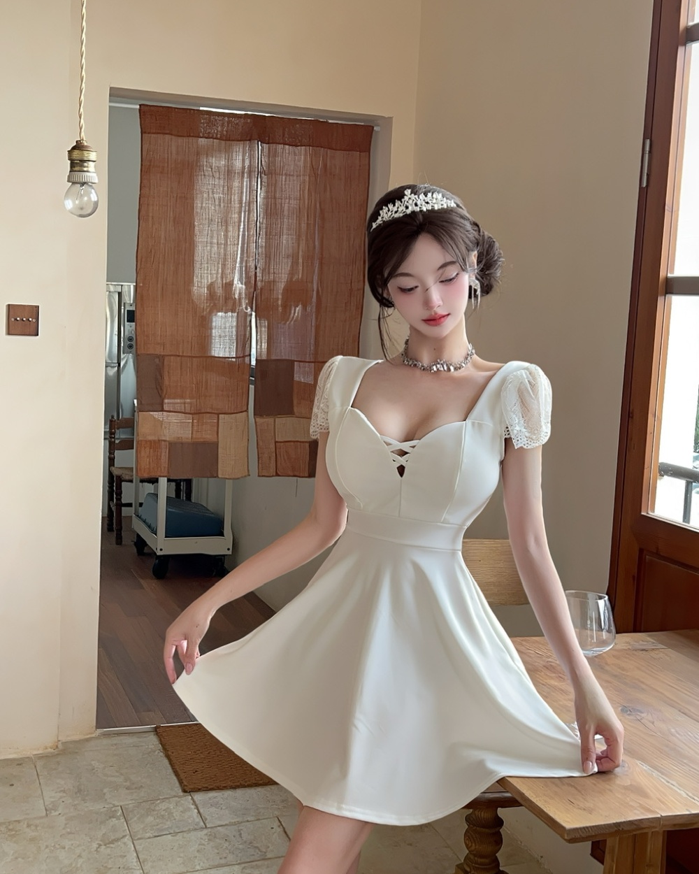 Lace splice sexy short pinched waist bottoming dress