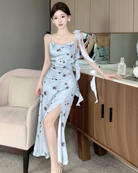 Flowers refinement ladies ink summer satin dress for women