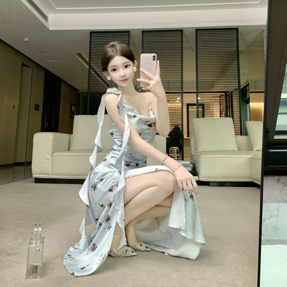 Flowers refinement ladies ink summer satin dress for women