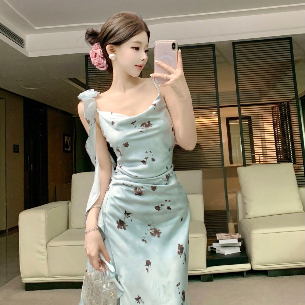 Flowers refinement ladies ink summer satin dress for women