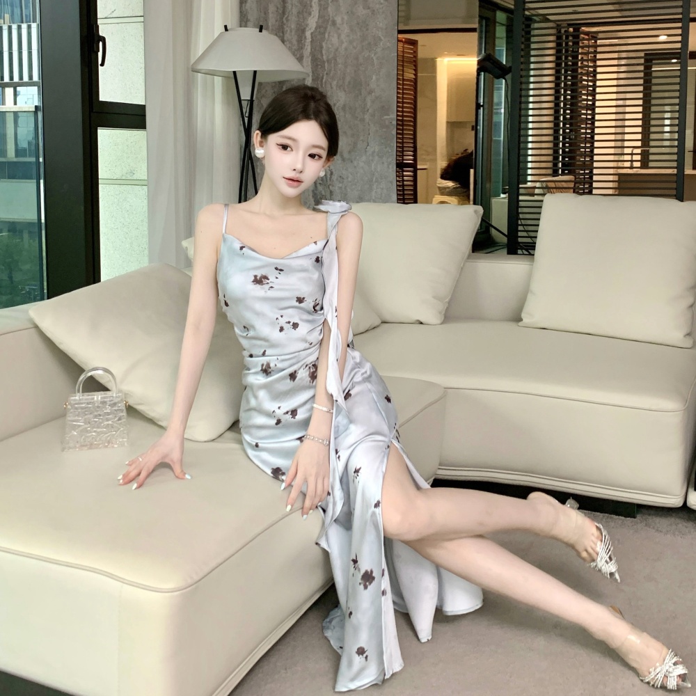 Flowers refinement ladies ink summer satin dress for women