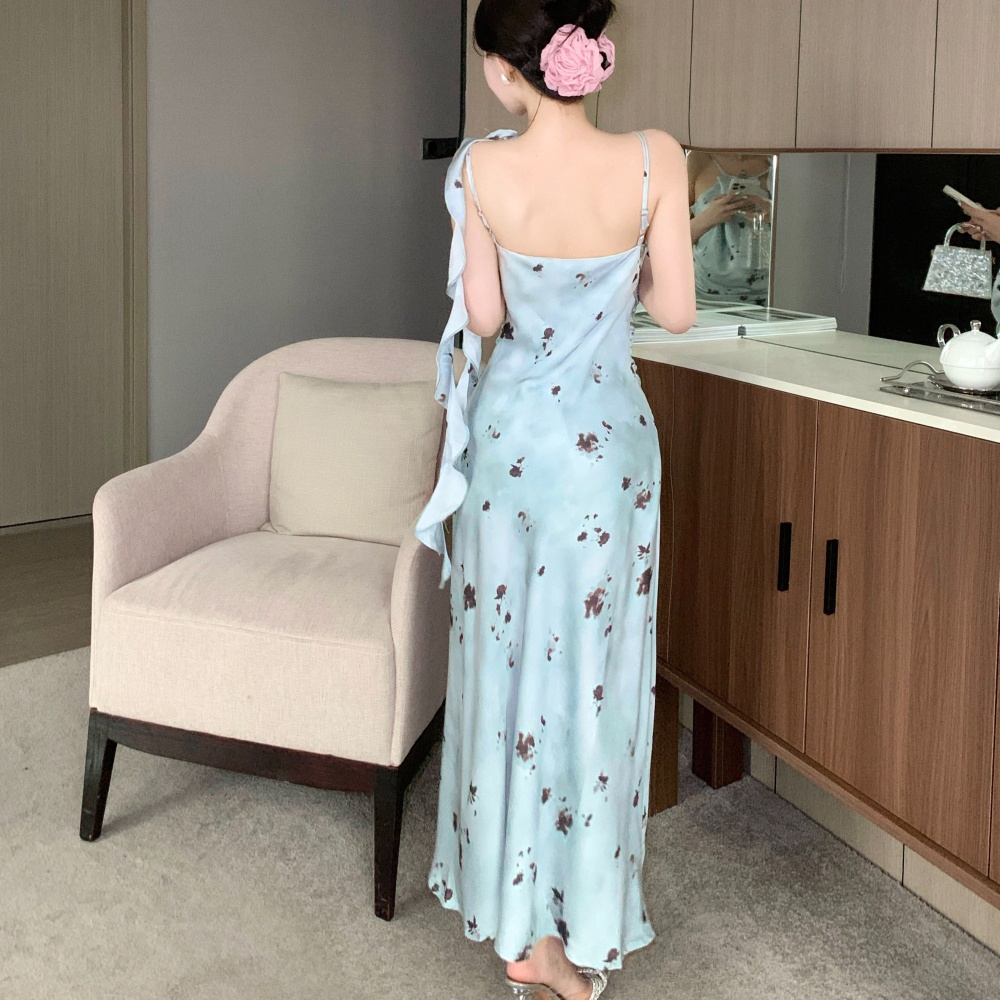 Flowers refinement ladies ink summer satin dress for women