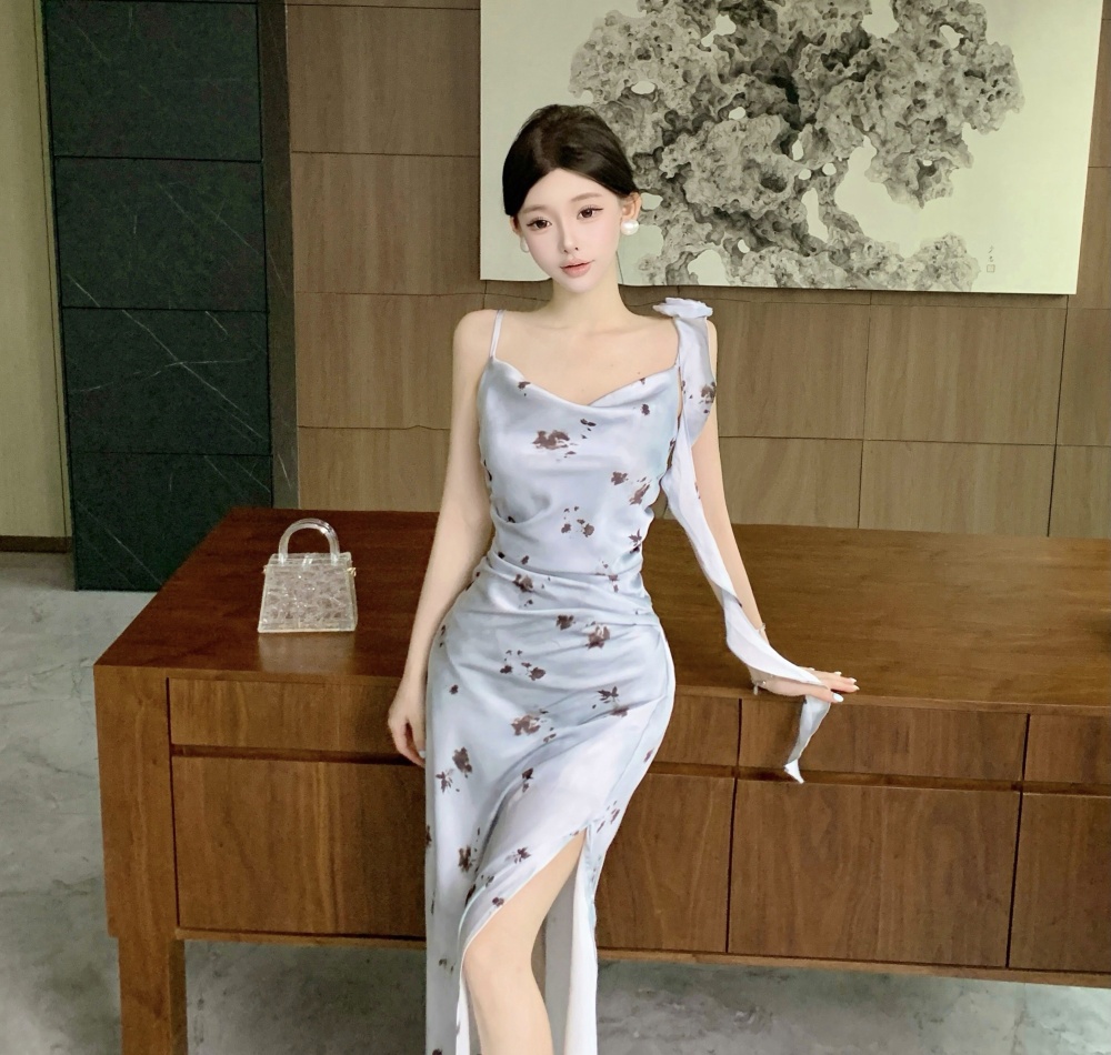 Flowers refinement ladies ink summer satin dress for women