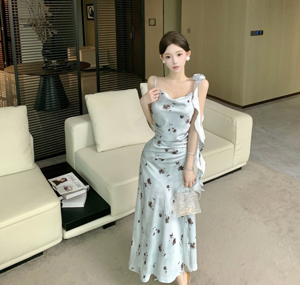 Flowers refinement ladies ink summer satin dress for women