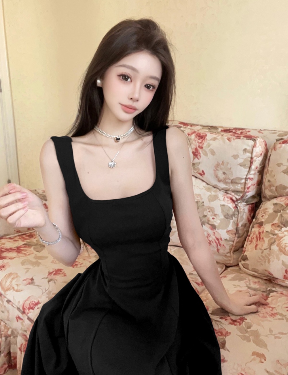 Sexy long spicegirl slim U-neck France style strap dress