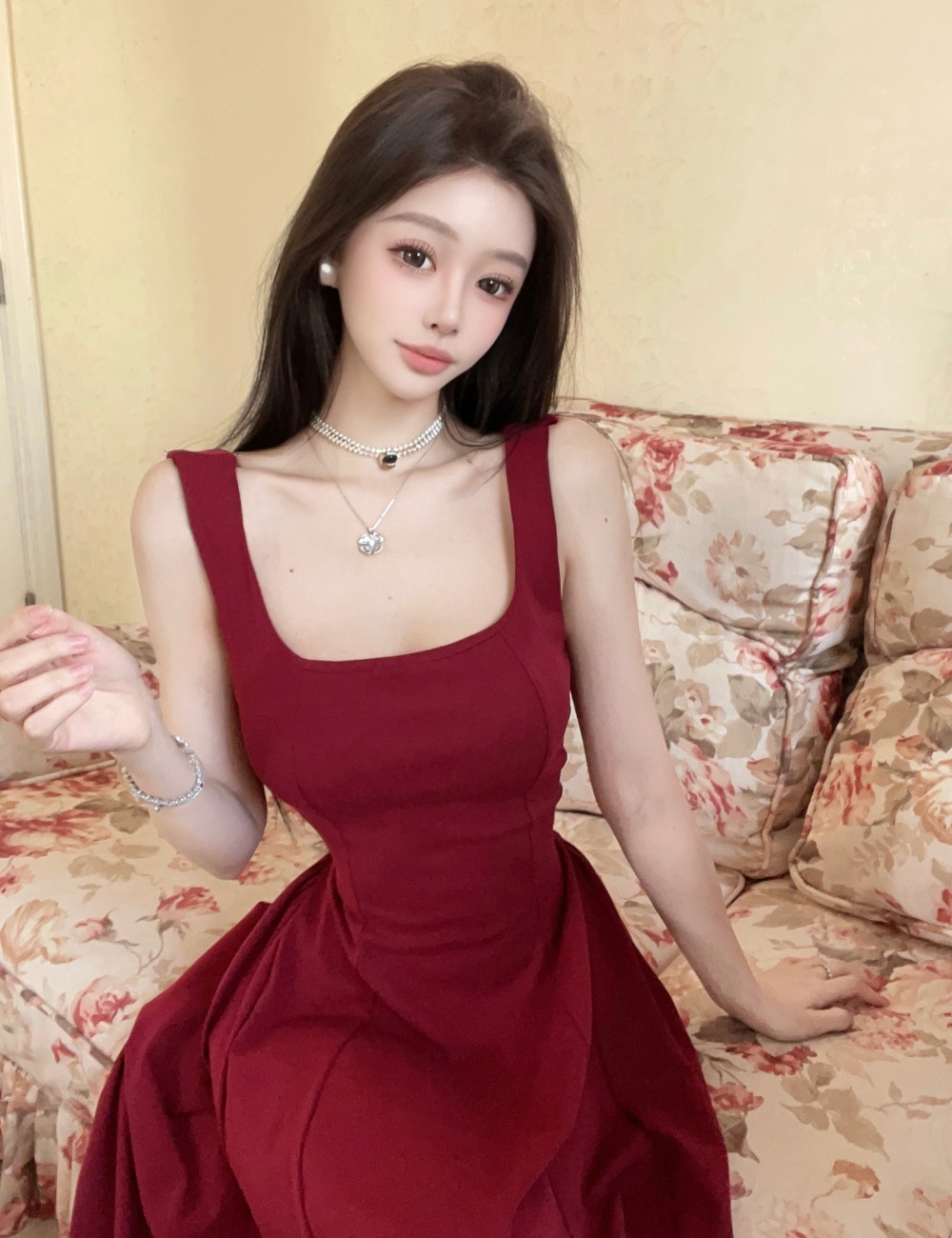 Sexy long spicegirl slim U-neck France style strap dress