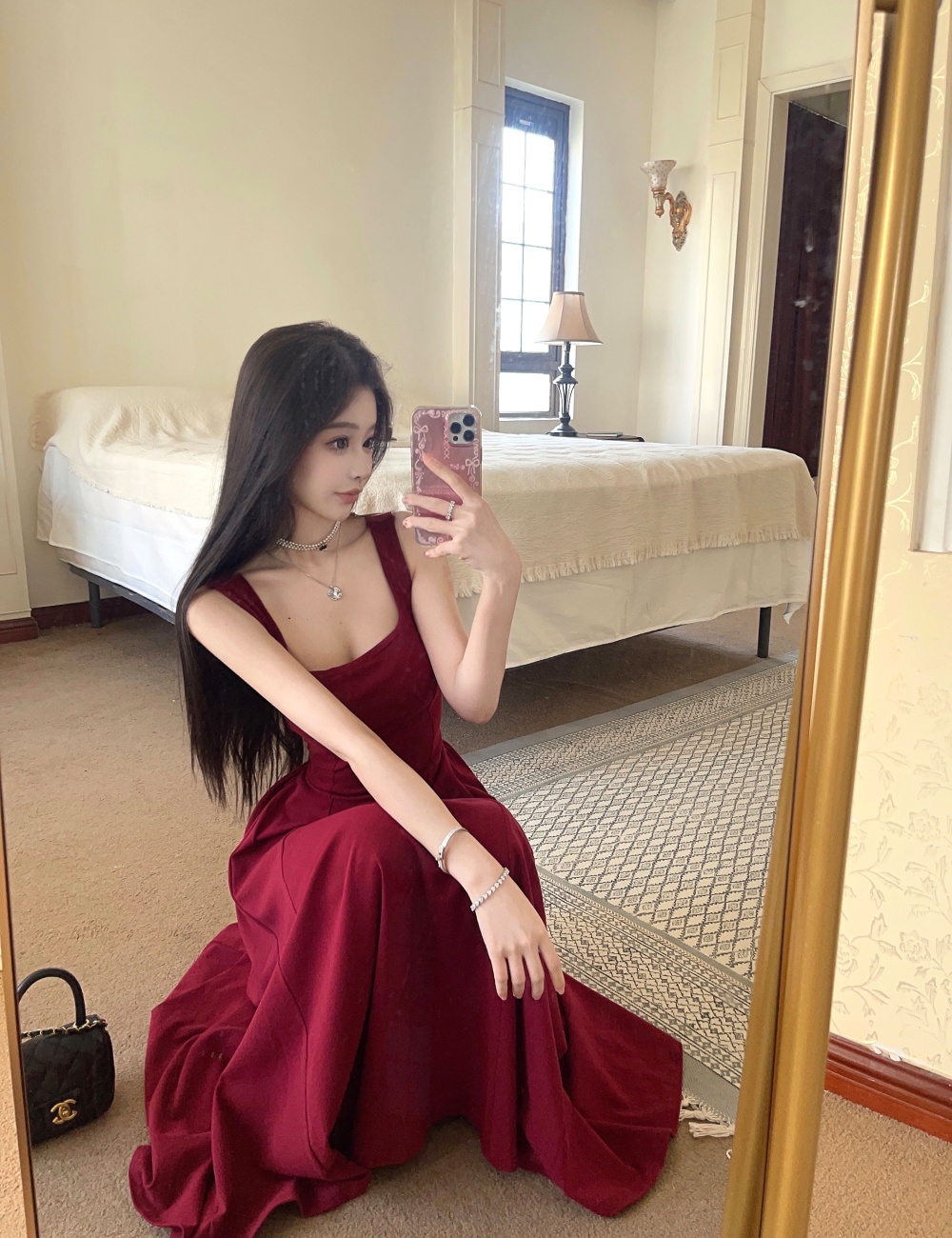 Sexy long spicegirl slim U-neck France style strap dress