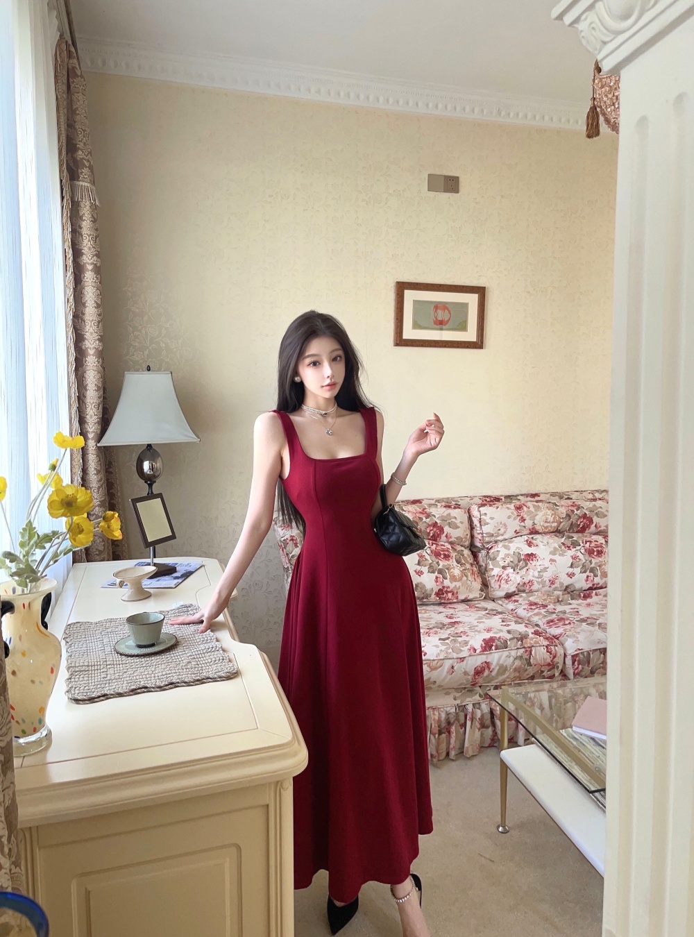Sexy long spicegirl slim U-neck France style strap dress