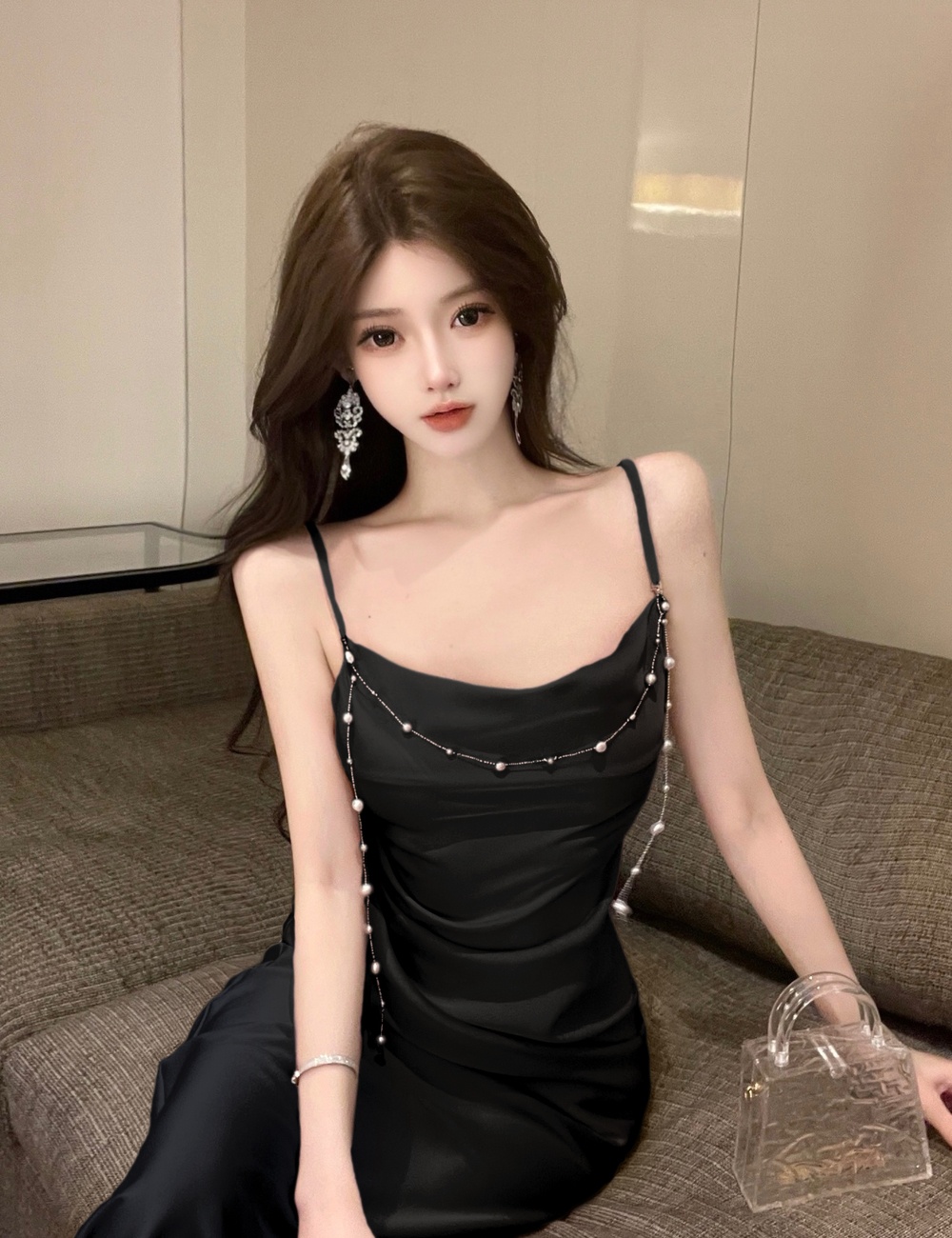 Satin France style dress slim long dress for women