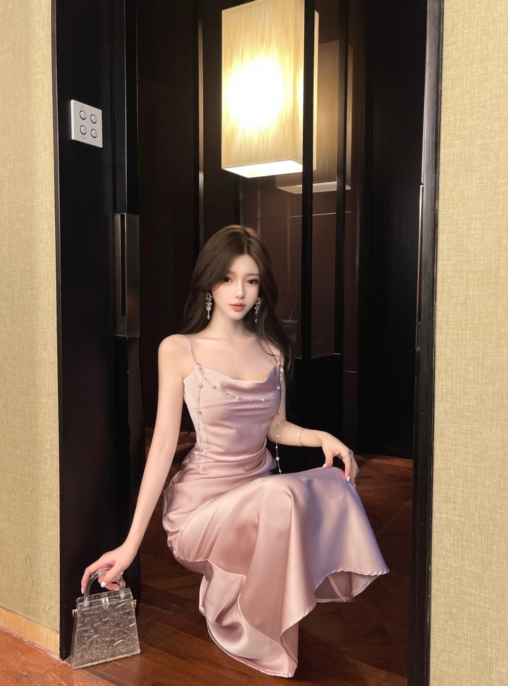 Satin France style dress slim long dress for women