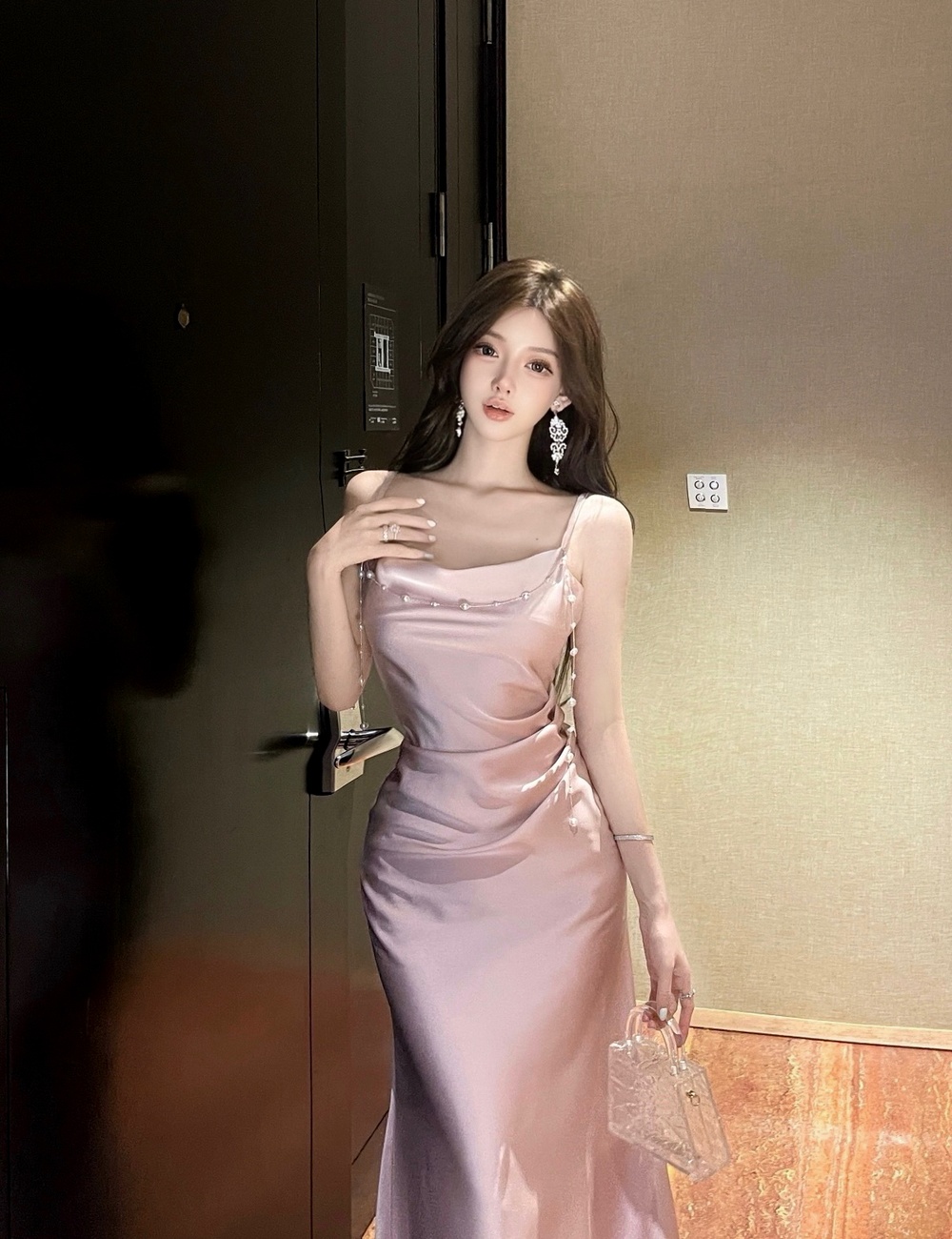 Satin France style dress slim long dress for women