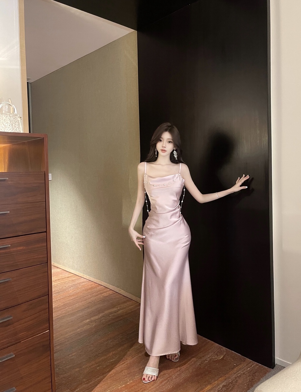Satin France style dress slim long dress for women