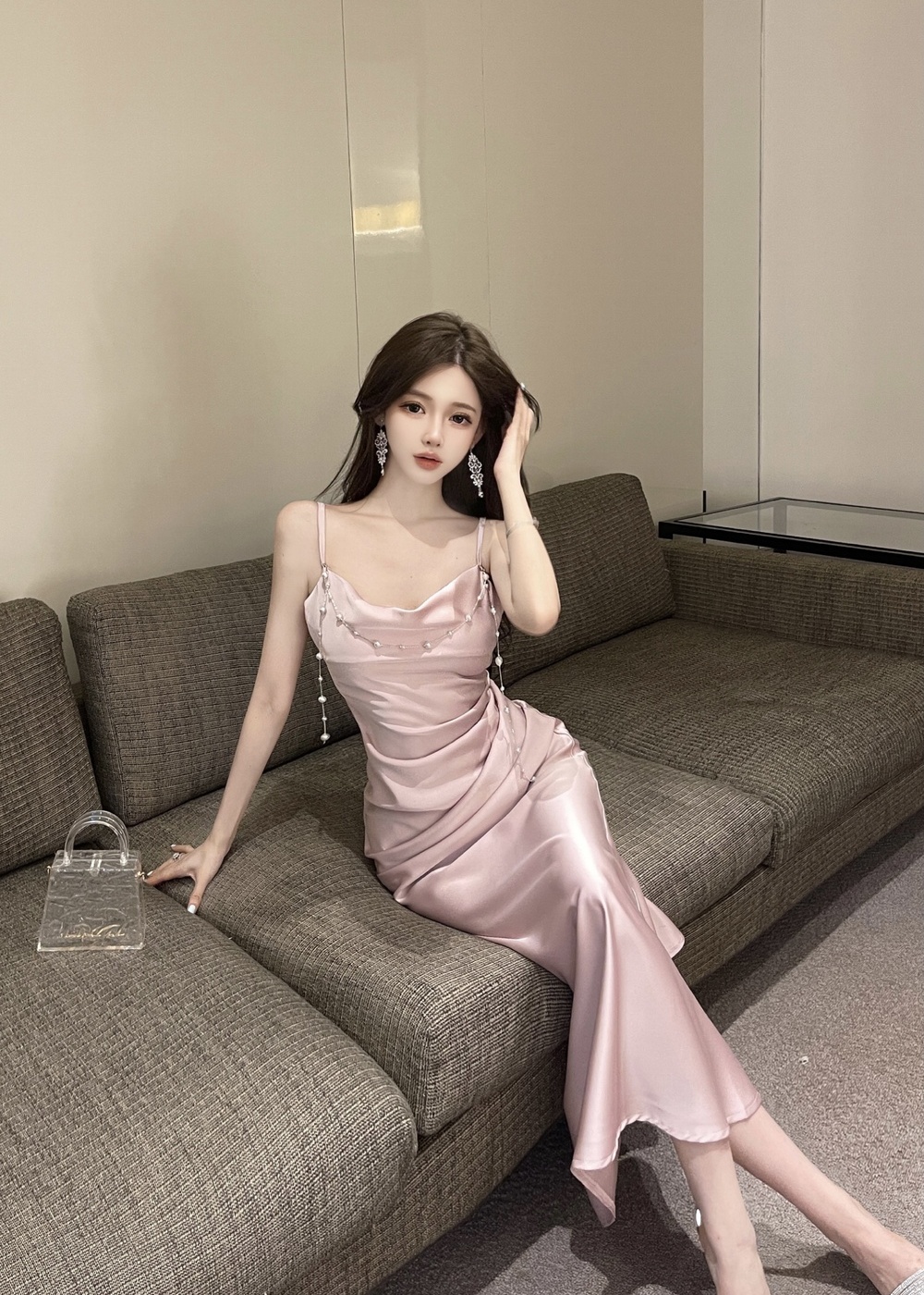 Satin France style dress slim long dress for women